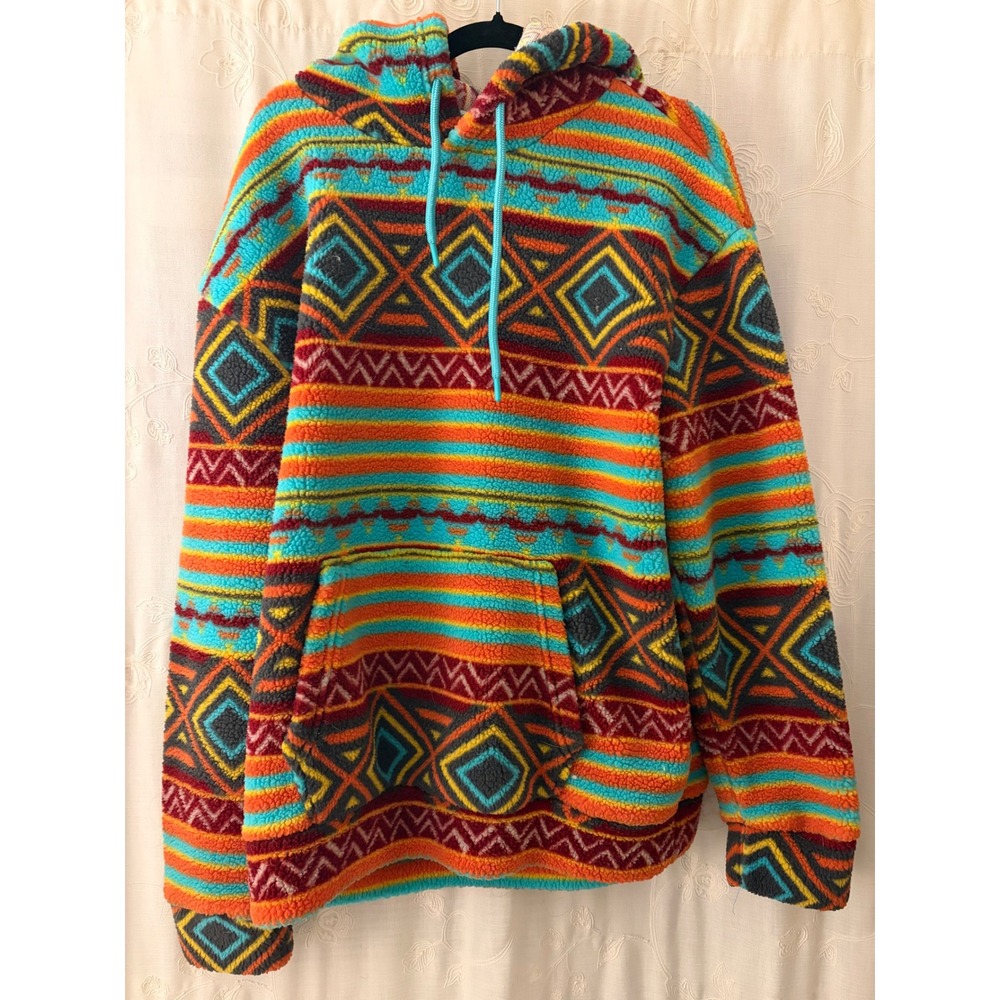 RF Brand Southwest Aztec Sherpa Style Fleece Hoodie Orange Turquoise Large